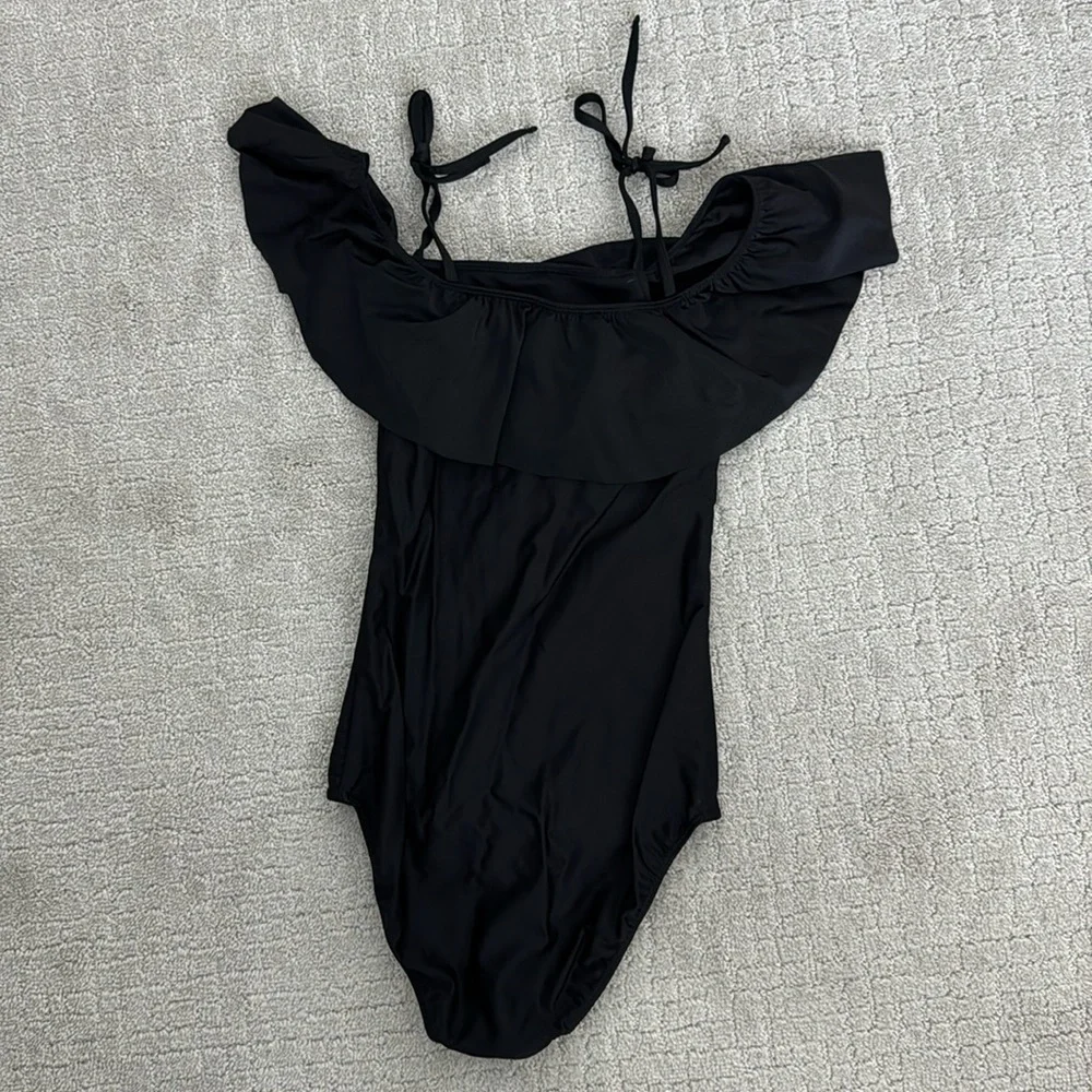 Albion “the wave” one piece black swimsuit ruffle sleeve off the shoulder